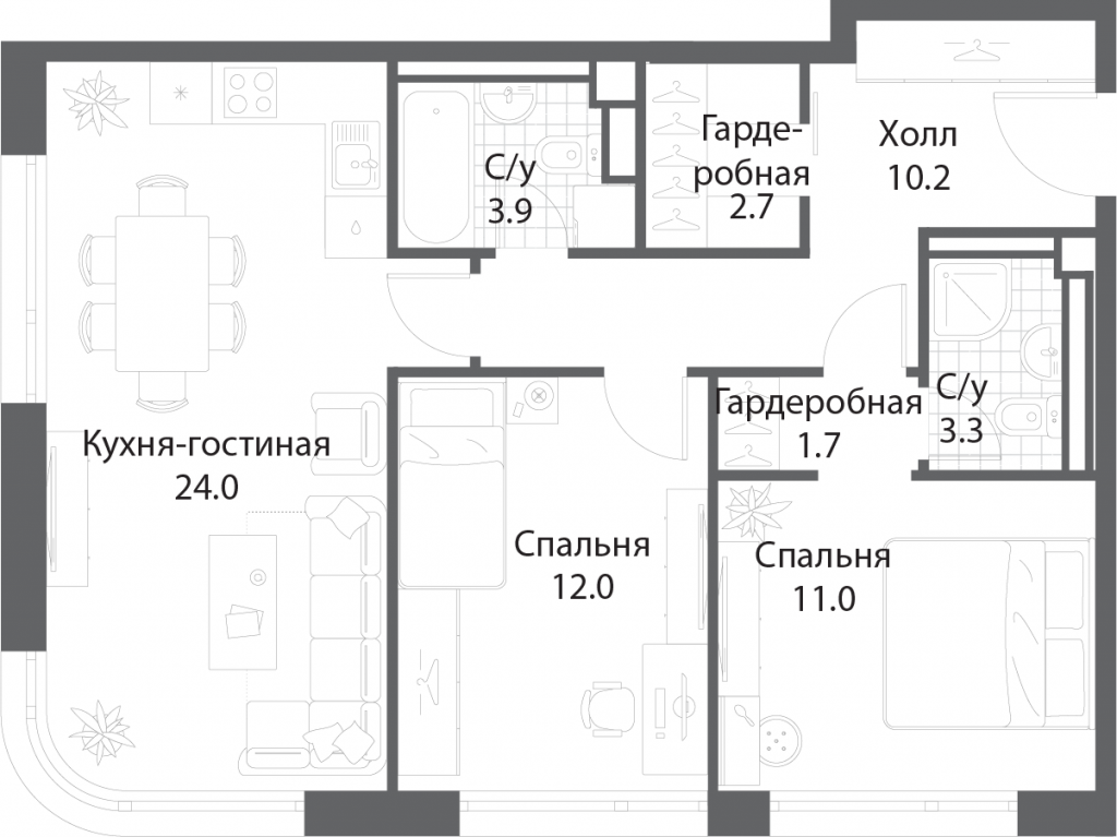 2-комнатная квартира 68.6 м2, 25-й этаж