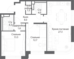 2-комнатная квартира 72.6 м2, 25-й этаж