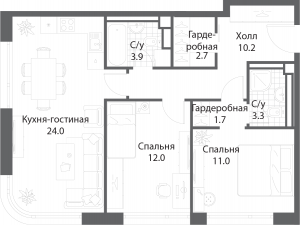 2-комнатная квартира 68.6 м2, 27-й этаж