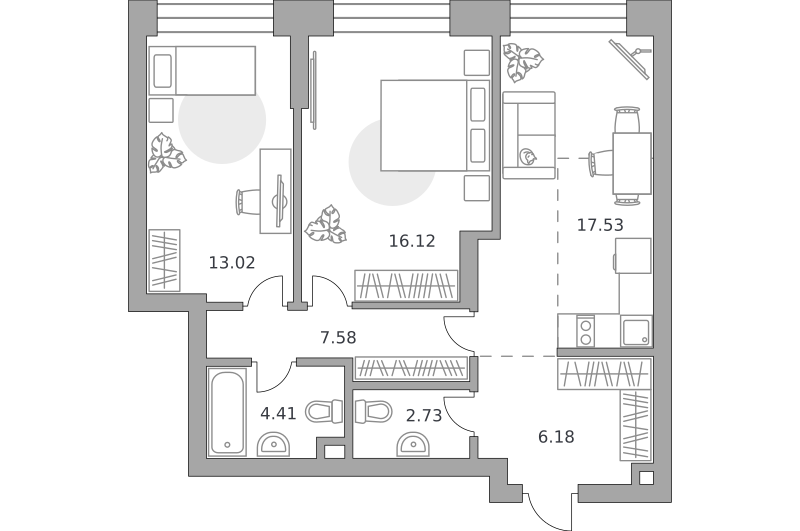2-комнатные апартаменты 67 м2, 5-й этаж