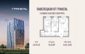 3-комнатные апартаменты 79 м2, 24-й этаж