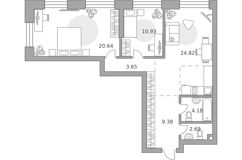 2-комнатные апартаменты 76 м2, 21-й этаж