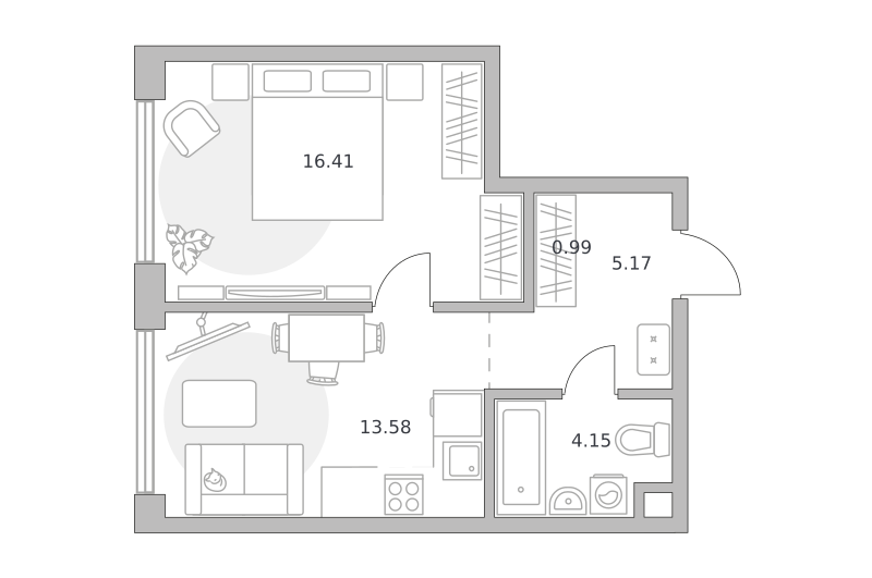 1-комнатные апартаменты 40 м2, 17-й этаж