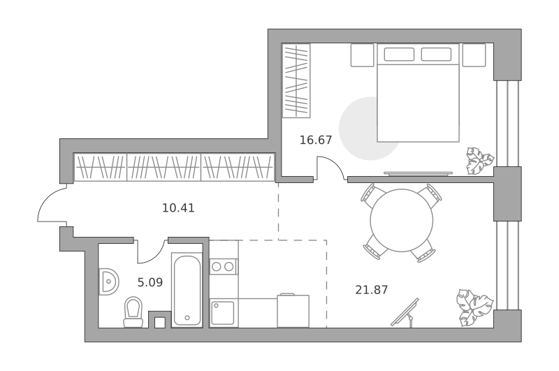 1-комнатные апартаменты 54 м2, 14-й этаж