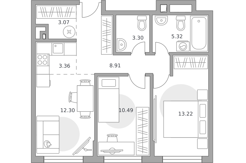 3-комнатные апартаменты 59 м2, 19-й этаж