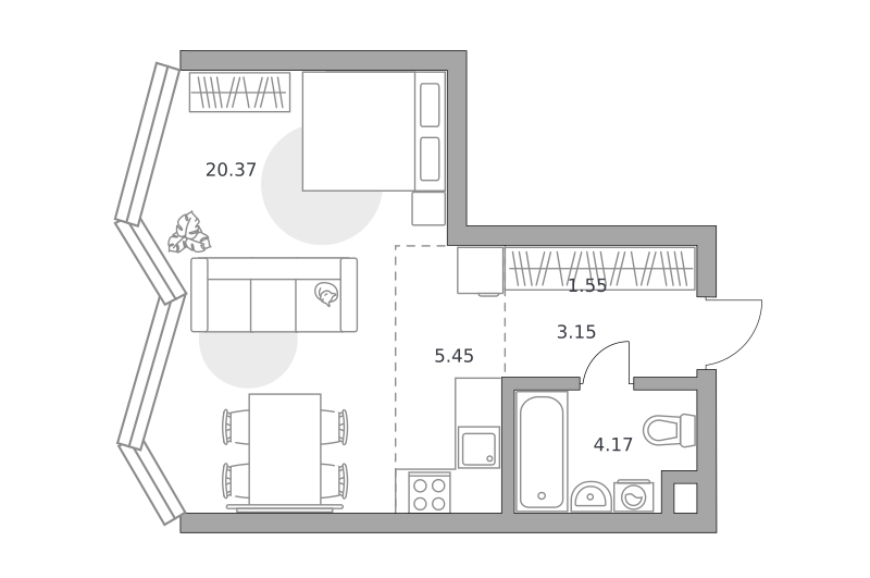 1-комнатные апартаменты 34 м2, 35-й этаж