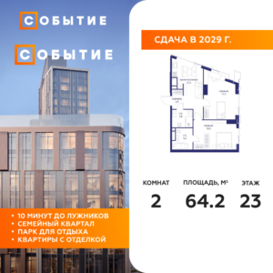 2-комнатная квартира 64.2 м2, 23-й этаж