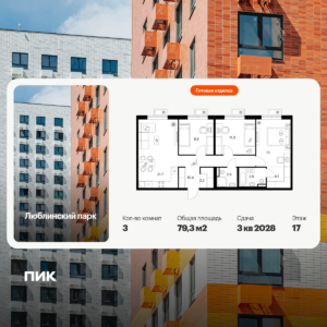 3-комнатная квартира 79.3 м2, 17-й этаж