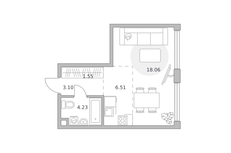 1-комнатные апартаменты 33 м2, 21-й этаж