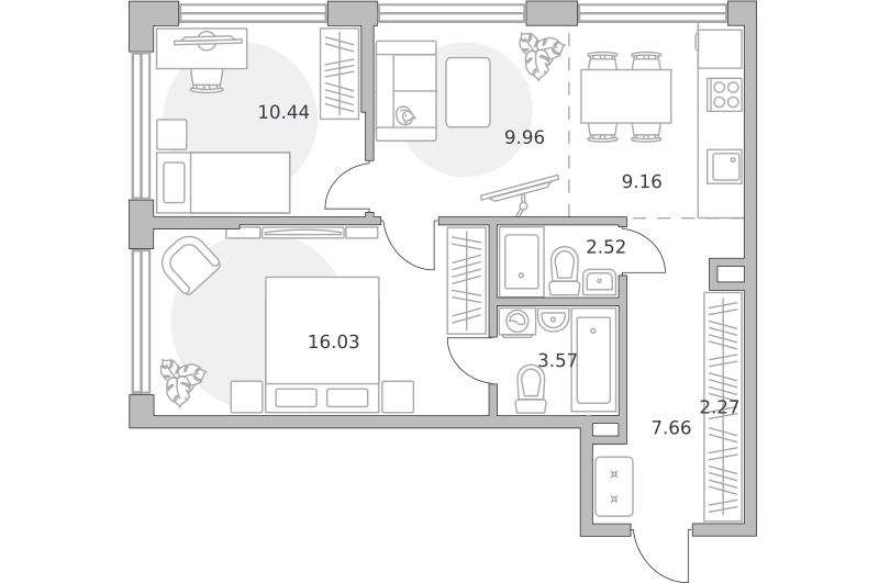 3-комнатные апартаменты 61 м2, 18-й этаж