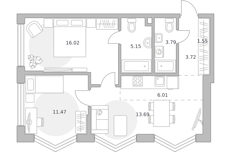 2-комнатные апартаменты 61 м2, 3-й этаж