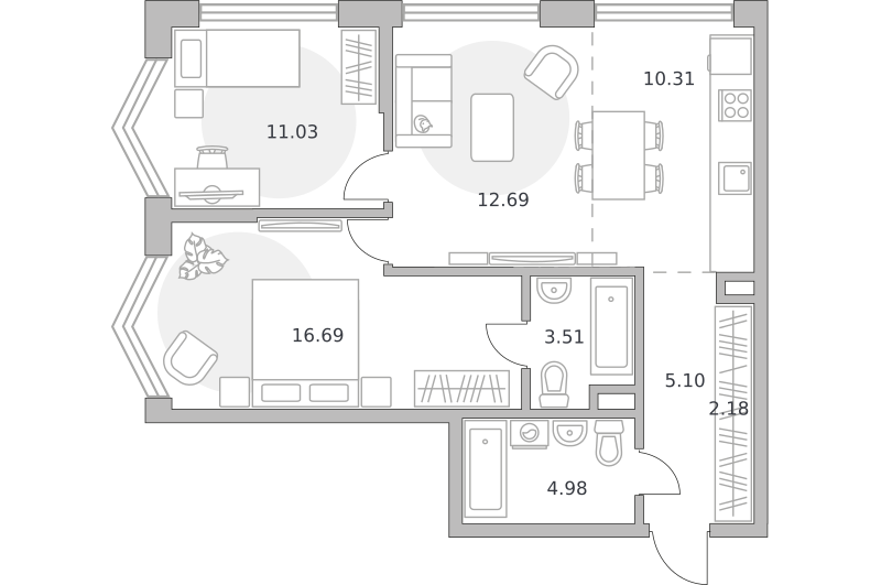 3-комнатные апартаменты 66 м2, 6-й этаж