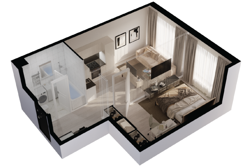 1-комнатные апартаменты 40 м2, 15-й этаж
