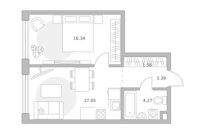 1-комнатные апартаменты 42 м2, 5-й этаж