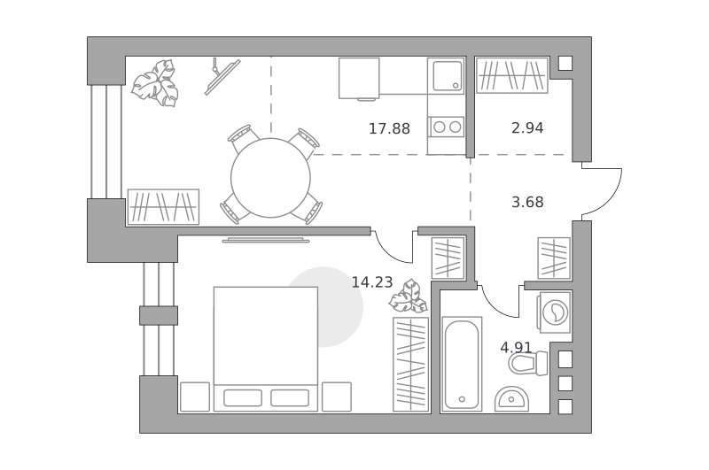 1-комнатные апартаменты 43 м2, 11-й этаж
