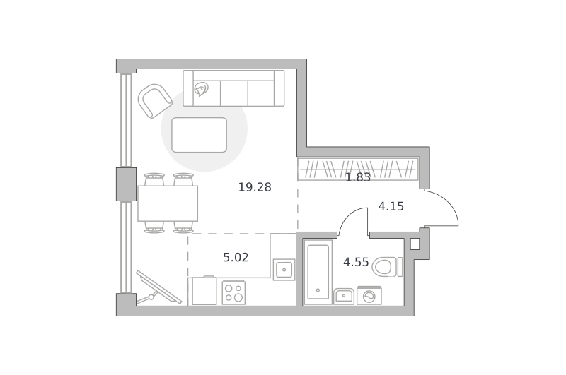 1-комнатные апартаменты 34 м2, 6-й этаж