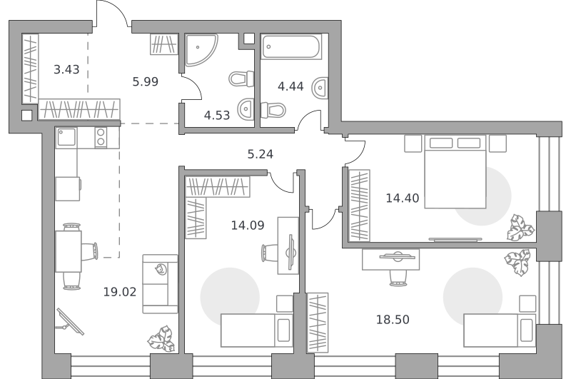 3-комнатные апартаменты 89 м2, 5-й этаж
