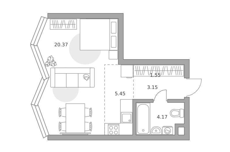 1-комнатные апартаменты 34 м2, 30-й этаж
