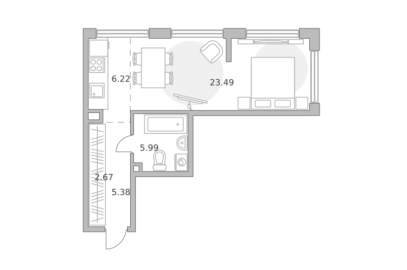 1-комнатные апартаменты 43 м2, 21-й этаж