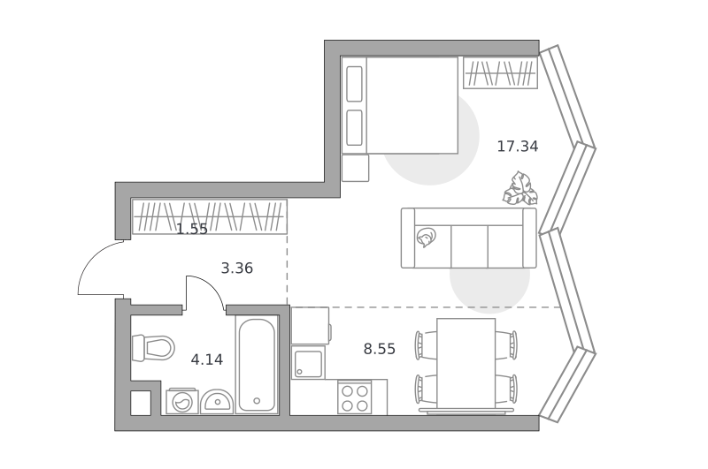 1-комнатные апартаменты 34 м2, 22-й этаж