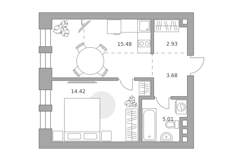 1-комнатные апартаменты 41 м2, 4-й этаж